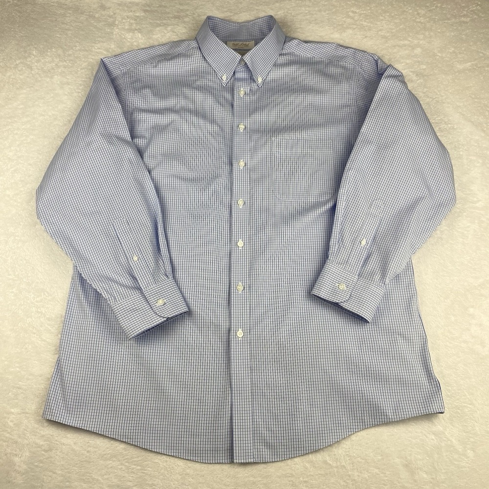 Roundtree & Yorke Gold Label Dress Shirt Mens 17-33 Blue Checks Fitted No Iron - Picture 4 of 9